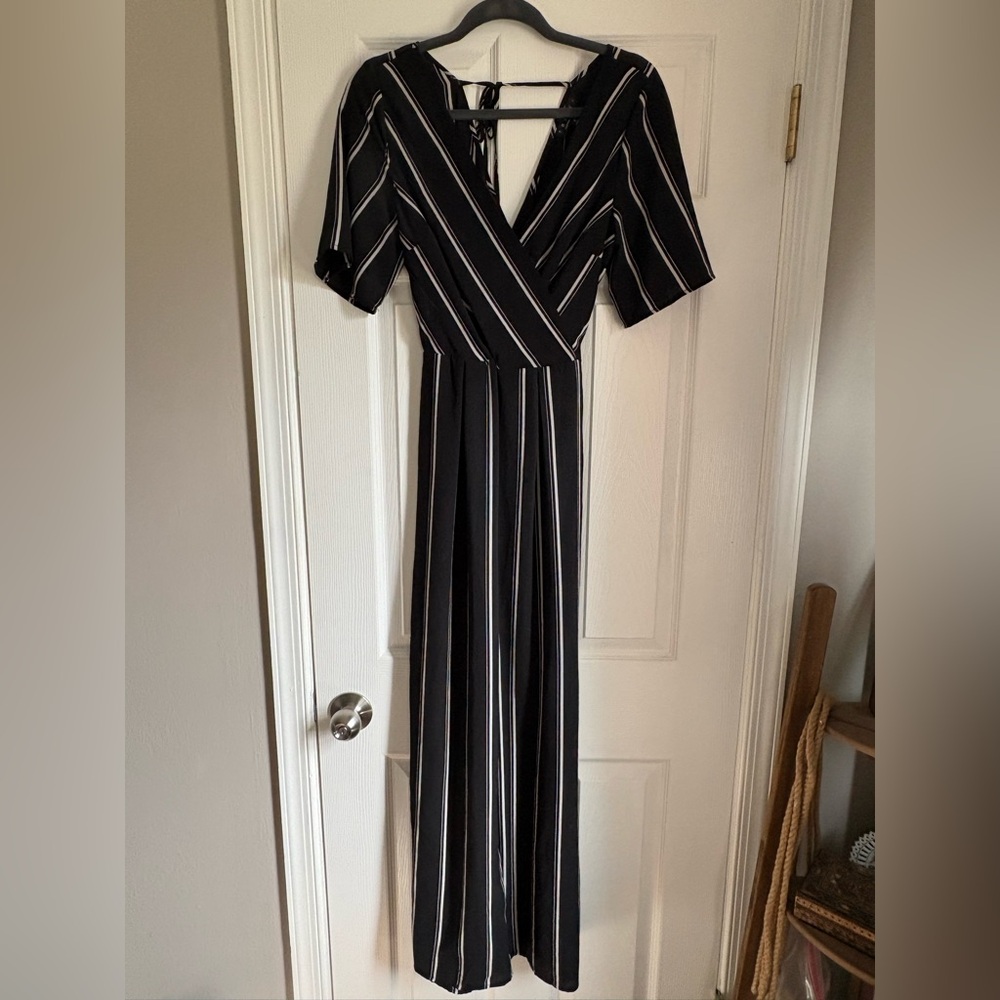 Trixxi Black Maxi Jumpsuit with White Pinstripes